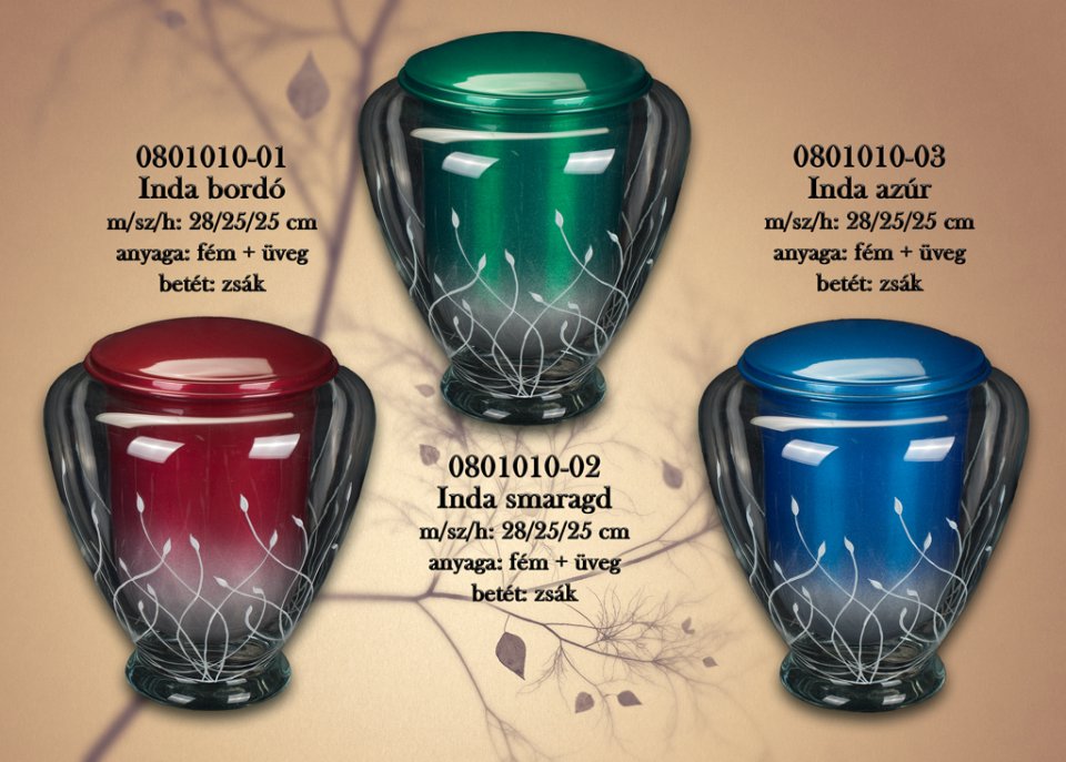 Fémből és üvegből készült urnák zafír, bordó és smaragd színben