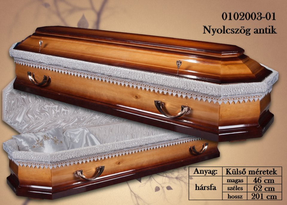Hársfából készült nyolcszögletű középsötét színű koporső