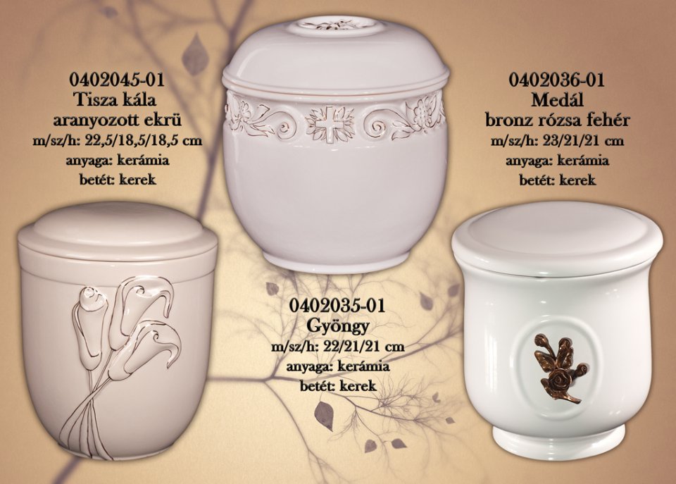 Kerek kerámia urna kála vagy gyöngy motívummal