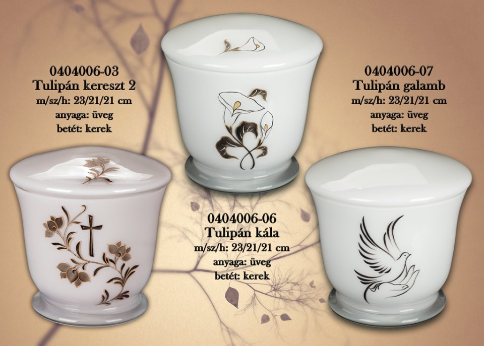 Üvegből készült urnák kála vagy galamb motívummal